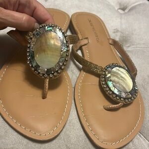 Cruise wear & co tan sandals with abalone, rhinestones and golden beads